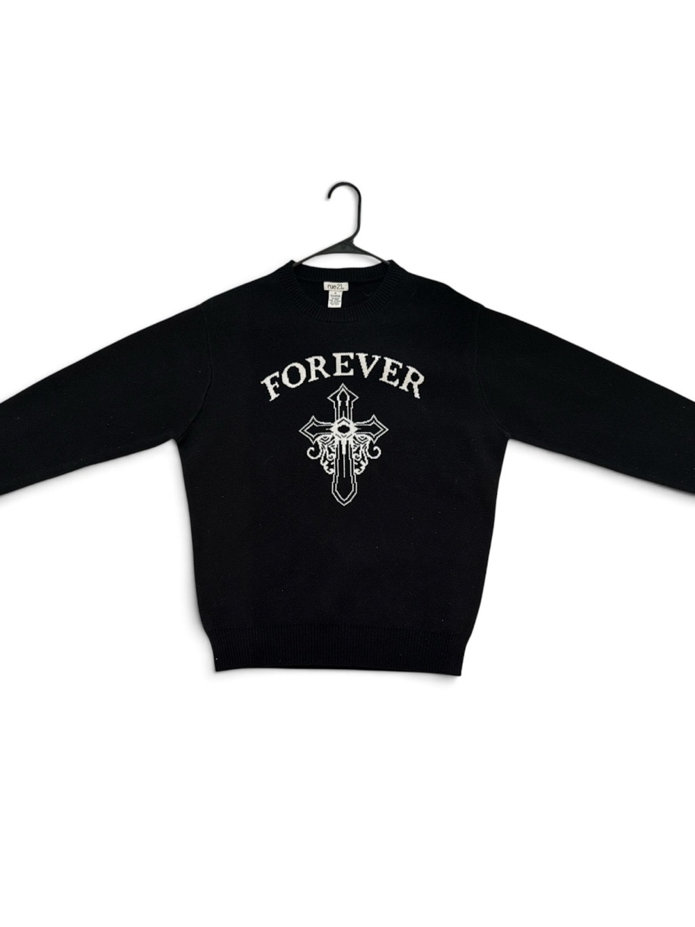 Rue21 Black Crewneck Sweater with White 'FOREVER' and Cross Graphic